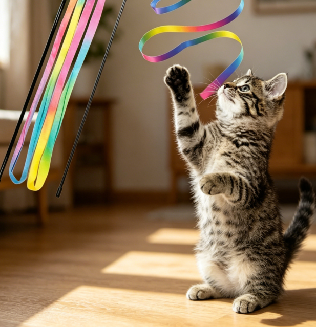 Rainbow ribbon charmer cat wands