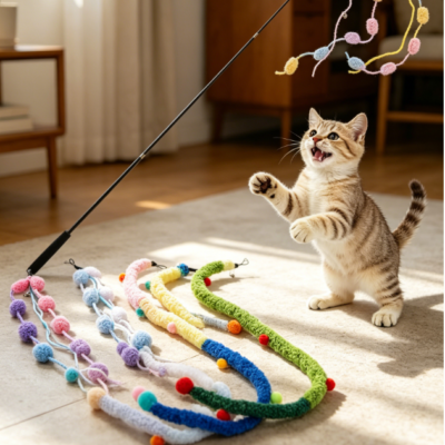 Retractable plush strip wands with bell and string