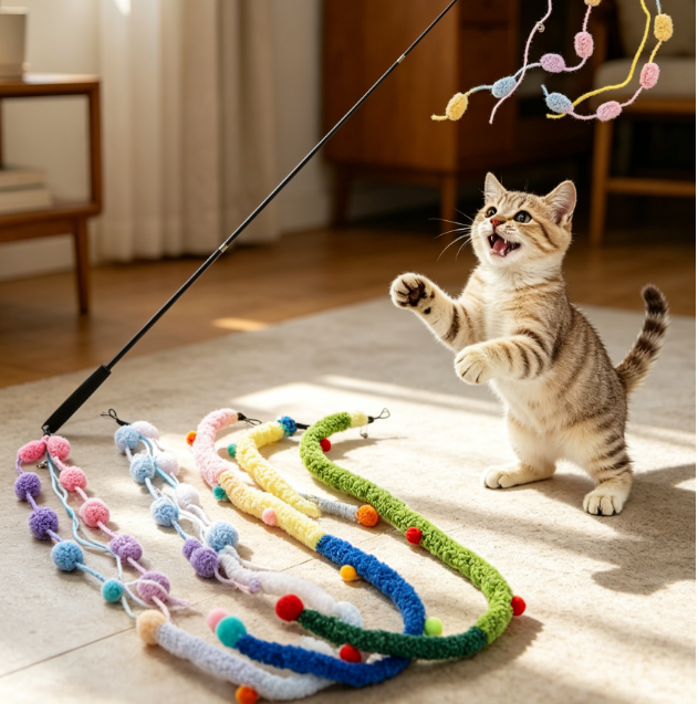 Retractable plush strip wands with bell and string