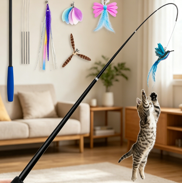 Spring cat wand with rods, steel wires, and feather refills - Image 2
