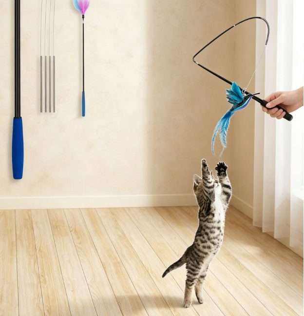 Spring cat wand with rods, steel wires, and feather refills