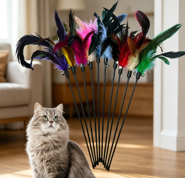 Natural feather wand toys with bells - Image 2