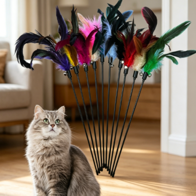 Natural feather wand toys with bells
