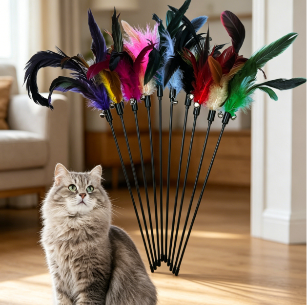 Natural feather wand toys with bells