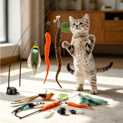 Interactive feather toys with multiple play modes and suction cup