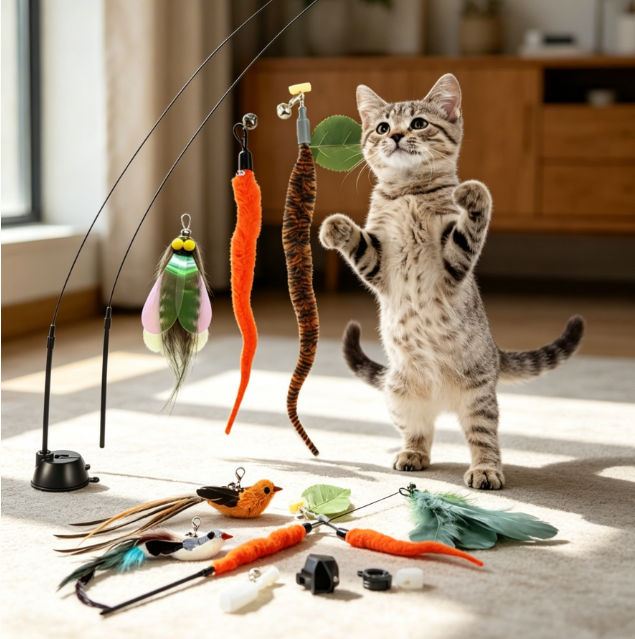 Interactive feather toys with multiple play modes and suction cup