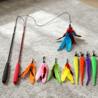 Retractable wand toy with feather refills, fishing pole style