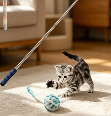 Super long retractable cat wands with yarn ball and feather teasers - Image 2
