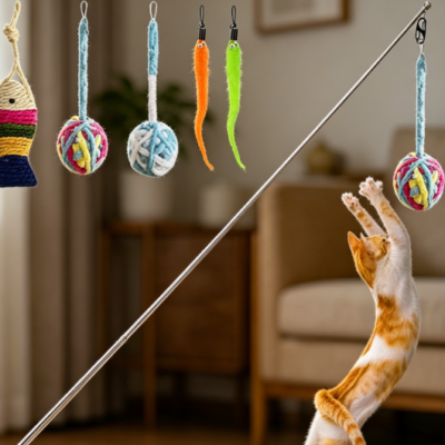 Super long retractable cat wands with yarn ball and feather teasers