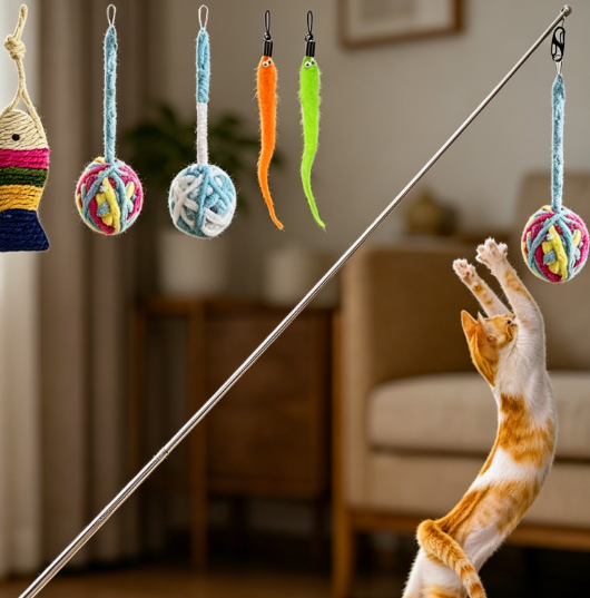 Super long retractable cat wands with yarn ball and feather teasers