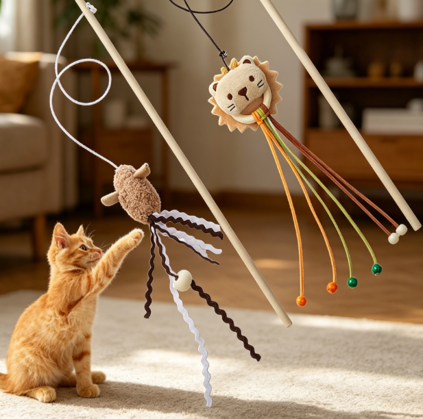 Cat teaser wands with bells and streamers