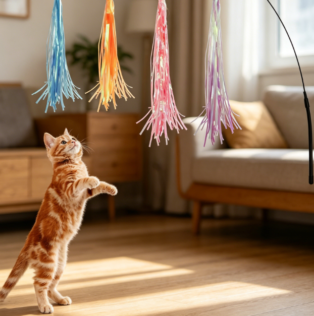 Cat wand with replaceable rainbow tassels and small bells - Image 2