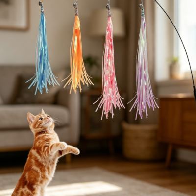 Cat wand with replaceable rainbow tassels and small bells
