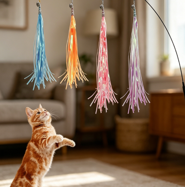 Cat wand with replaceable rainbow tassels and small bells