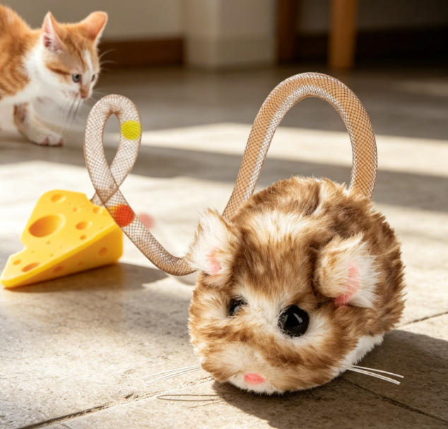 Interactive rolling mouse toy with sensor and realistic squeak