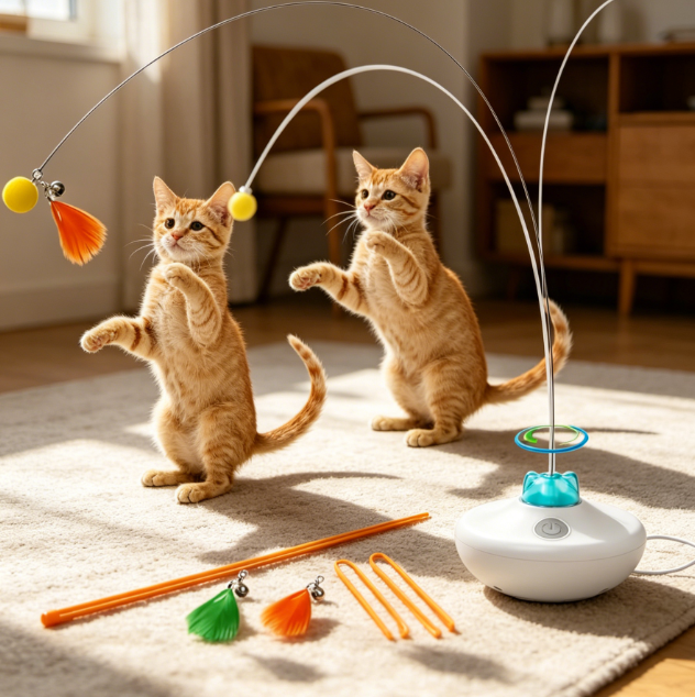 Rechargeable spinning butterfly cat toy with extra-long feather wand