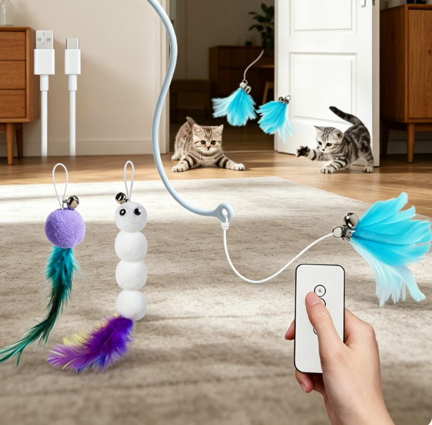 Rechargeable hanging door cat toy with feathers - Image 2