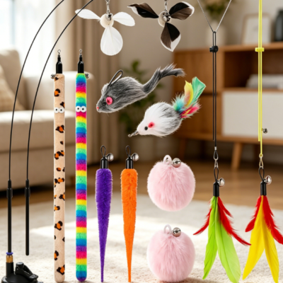 4-in-1 feather cat toy with suction cup and door hanging strings