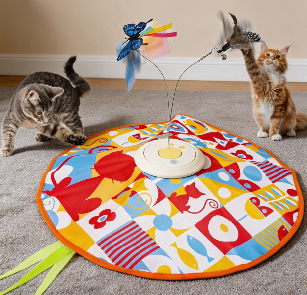 Rechargeable hide & seek toy with moving feather wand