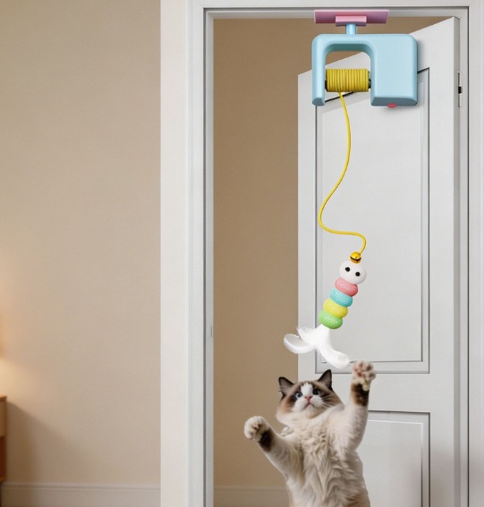 Automatic door hanging cat toy with feathers and bell, retractable - Image 2