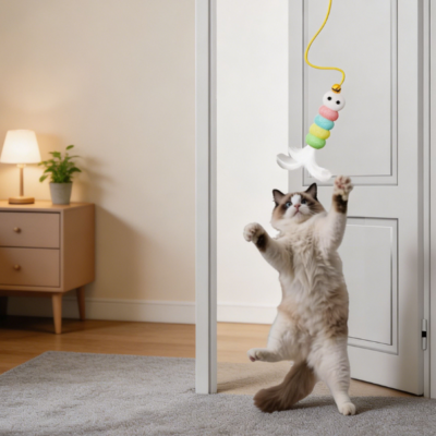 Automatic door hanging cat toy with feathers and bell, retractable