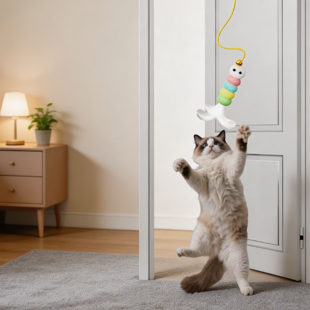 Automatic door hanging cat toy with feathers and bell, retractable
