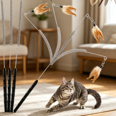 Durable cat wand set with steel wire teasers and feather refills