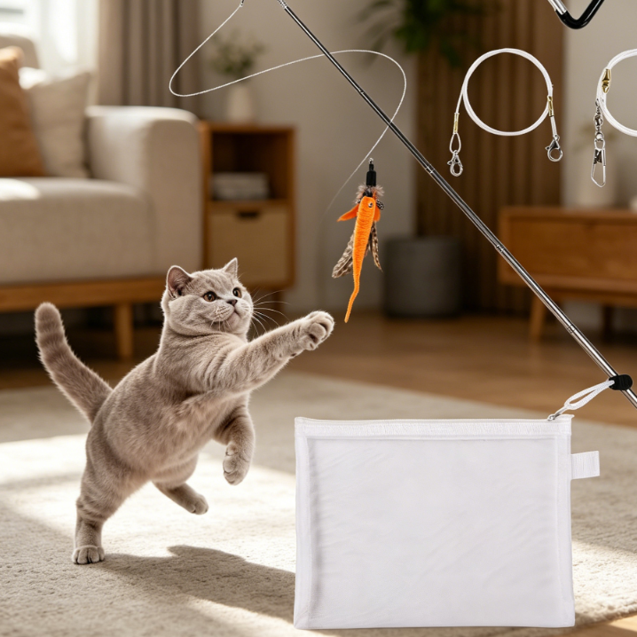Ultra-light retractable cat wand with feather heads and worms - Image 2