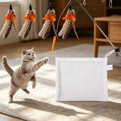 Ultra-light retractable cat wand with feather heads and worms