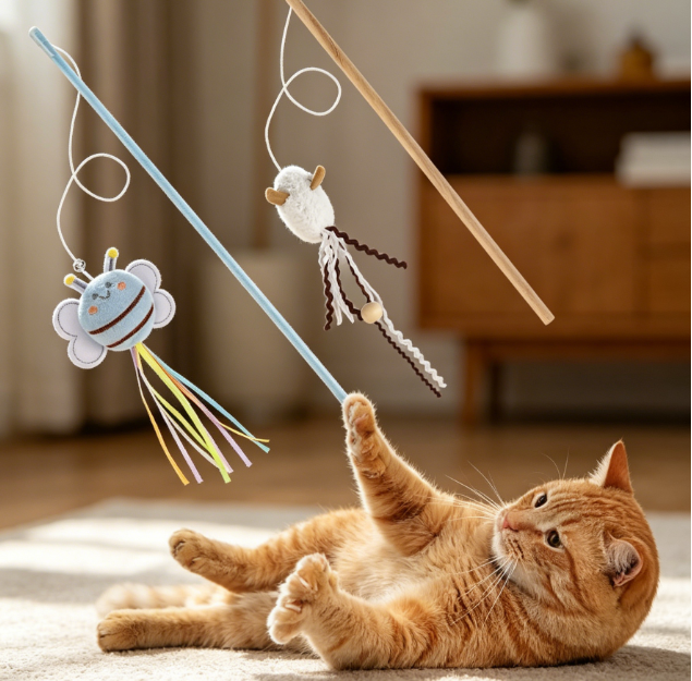 Cat teaser wands with bells and streamers