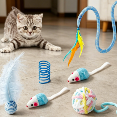 Cat toy set including spring